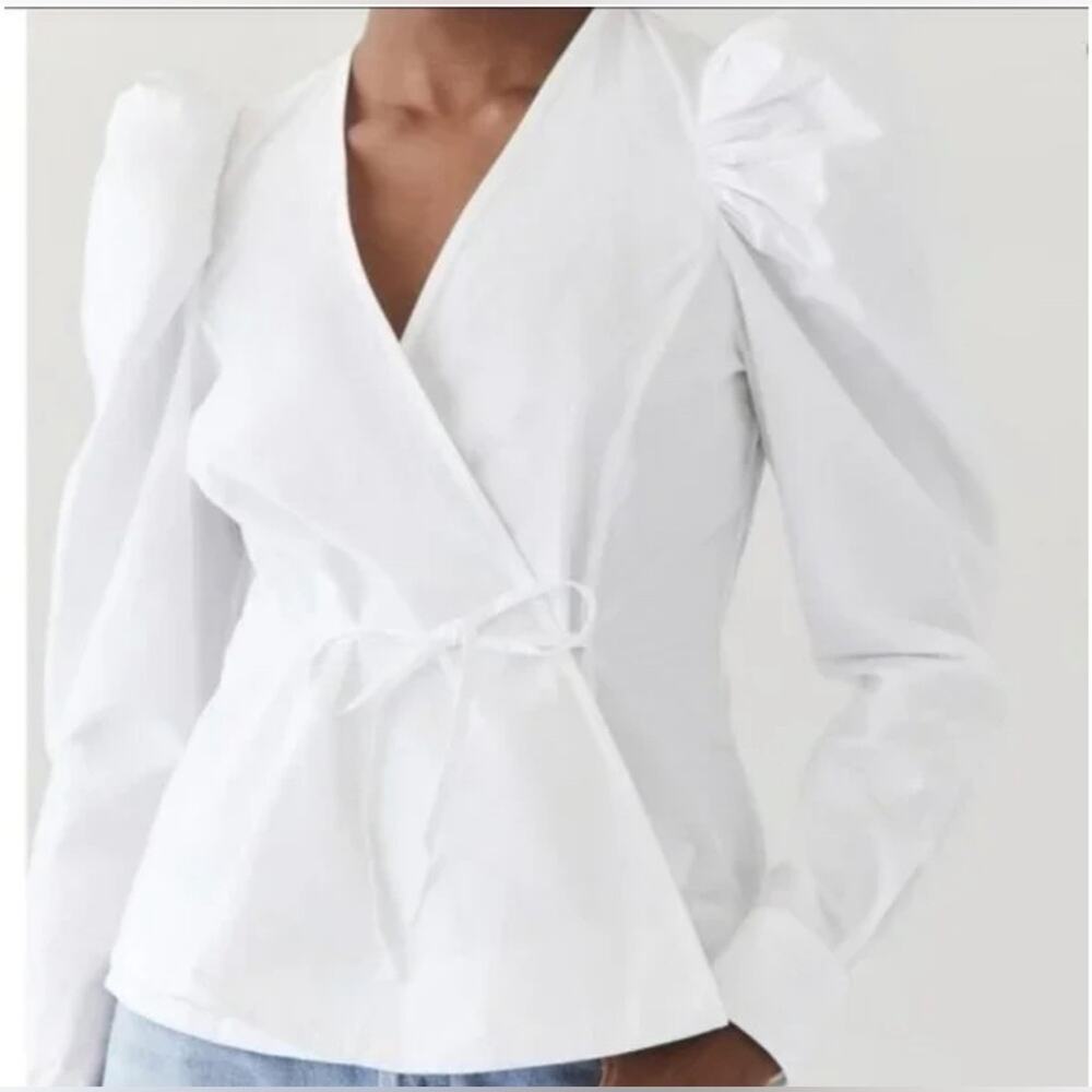 Jason Wu Cotton Blouse Long Puff Sleeve Wrap Top - Picture 2 of 12